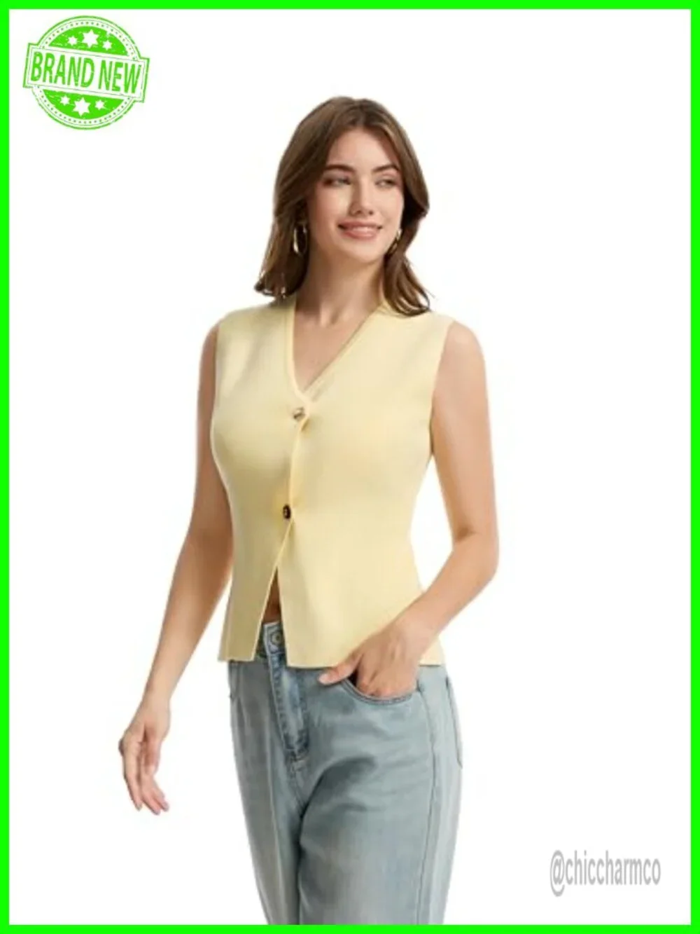 Sleeveless Knit Vest V-Neck Button Up Sweater Top Summer